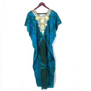 Vintage Stoneage Arts Boho Tie Dye Embroidered Mumu Kaftan Dress One Size